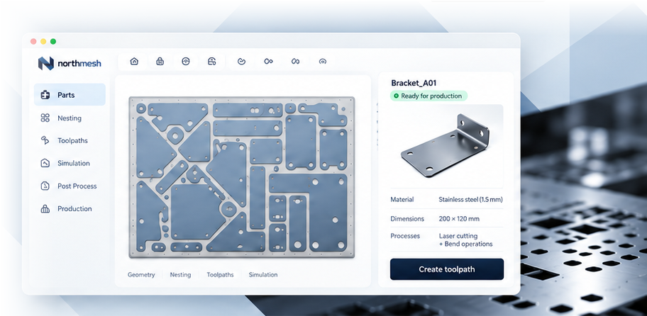 Northmesh CAM application showing a nested sheet-metal layout ready for production